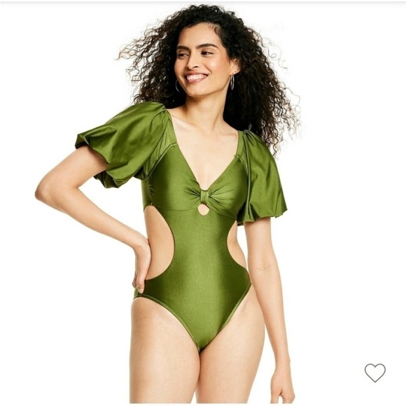 Fe Noel x Target Metallic Puff Sleeve Cut-Out One-Piece Swimsuit NWOT - Picture 1 of 4